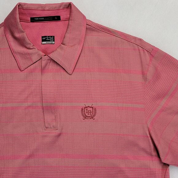 Nike Tiger Woods Stretch Fit Dry Moisture Wicking Striped M Pink Grey Polo Mens - Picture 1 of 16